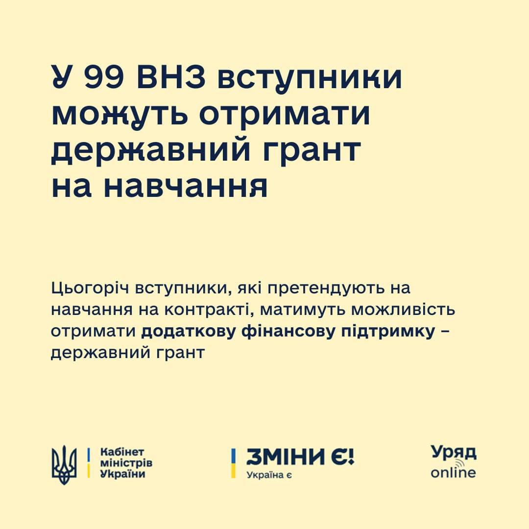 99 закладів вищої освіти підтвердили участь у пілотному проекті щодо державних грантів.